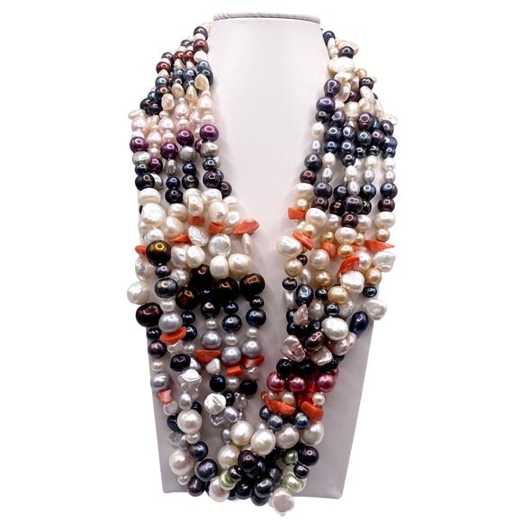 Multicolor Freshwater Pearl Multi strand Necklace Sterling Silver Closure - Picture 1 of 6